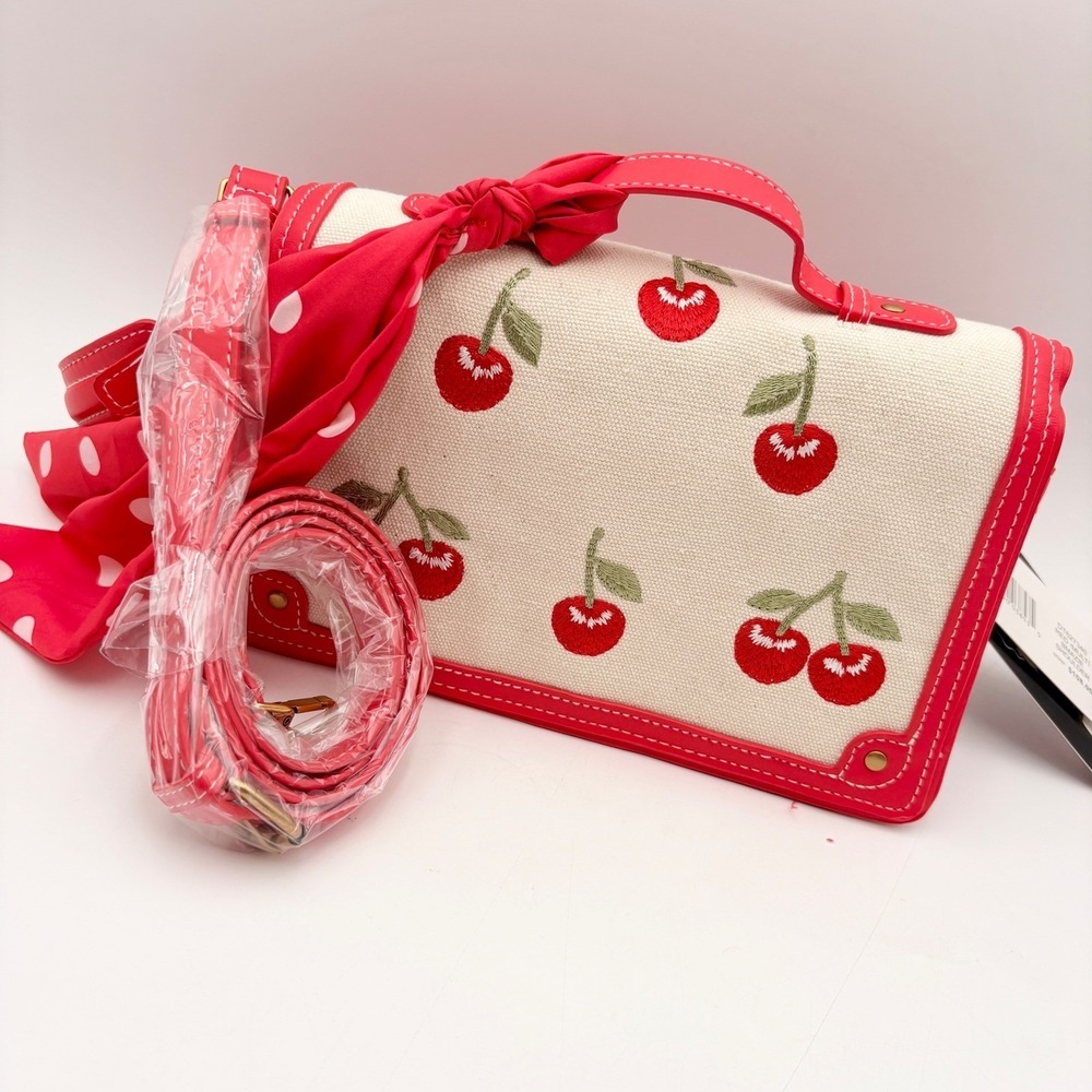 Steve Madden BMAZIE Cherry Embroidered Crossbody‎ Bag Red White Polka Dot Scarf - Picture 9 of 16